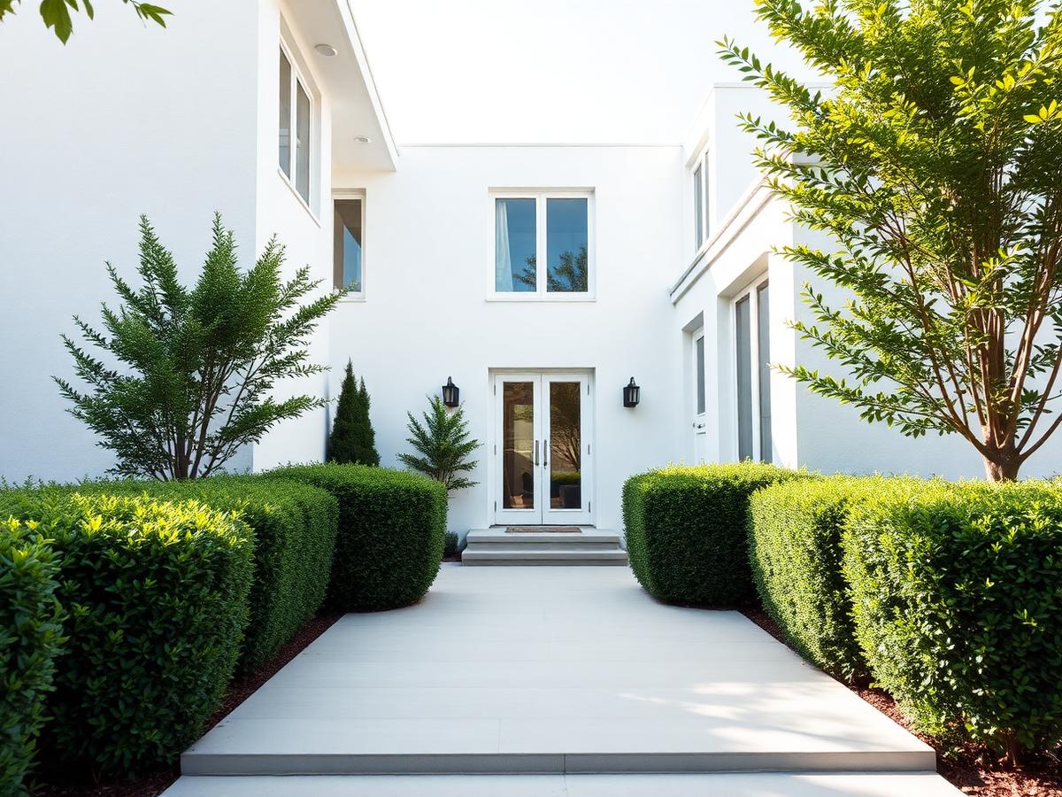 Modern home exterior with deep green landscaping